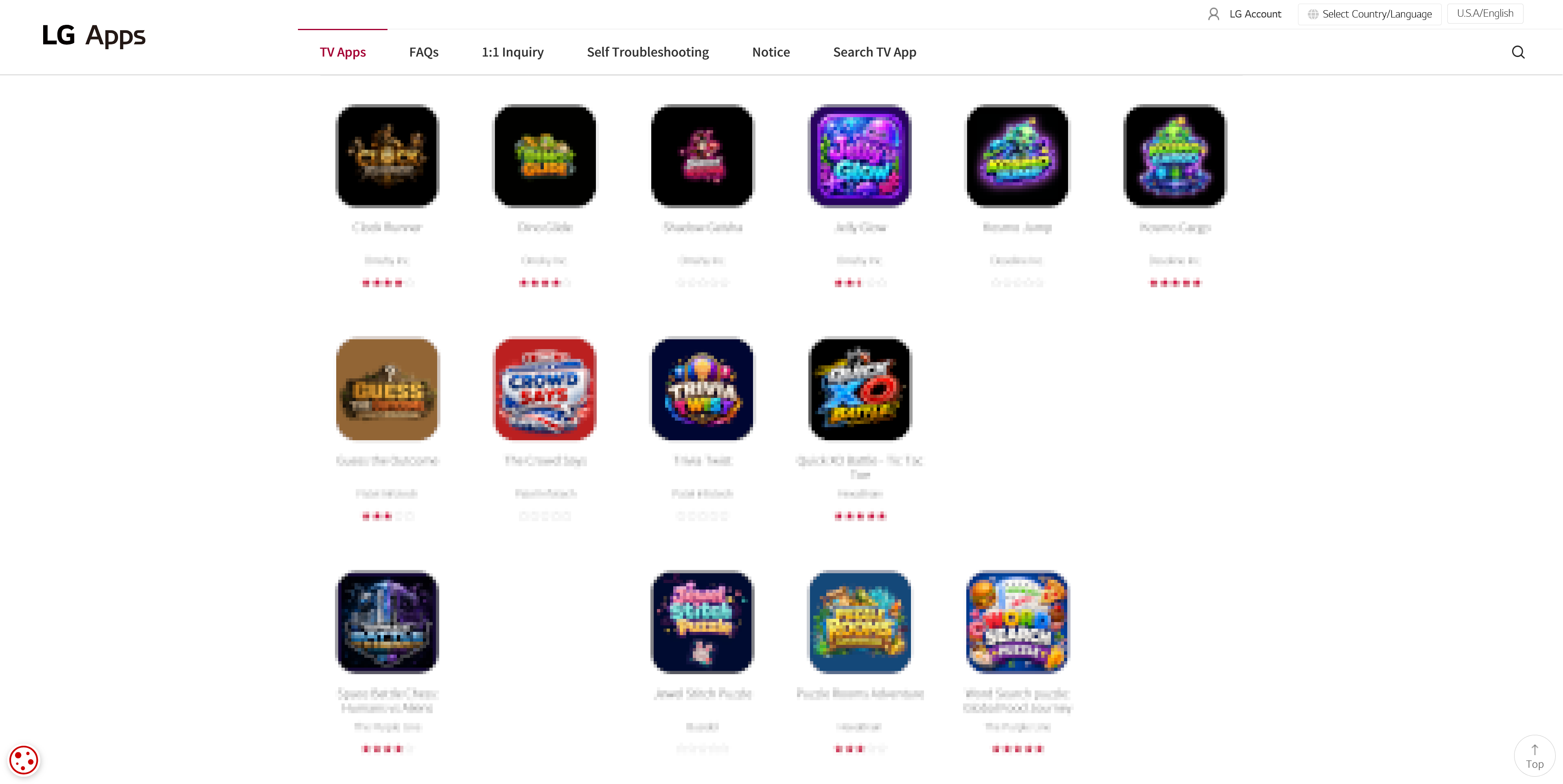 Rows of near-identical casual game tiles in LG's Content Store, with names and publishers blurred